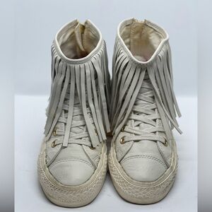 Women’s Size 6 Cream Leather Fringe Converse Hightops